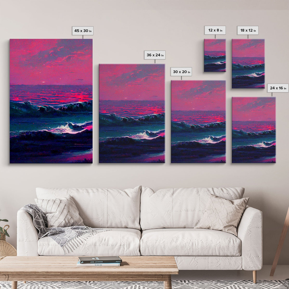 Outrun Style Synthwave Sunset Ocean Waves, 3 Piece Canvas Print