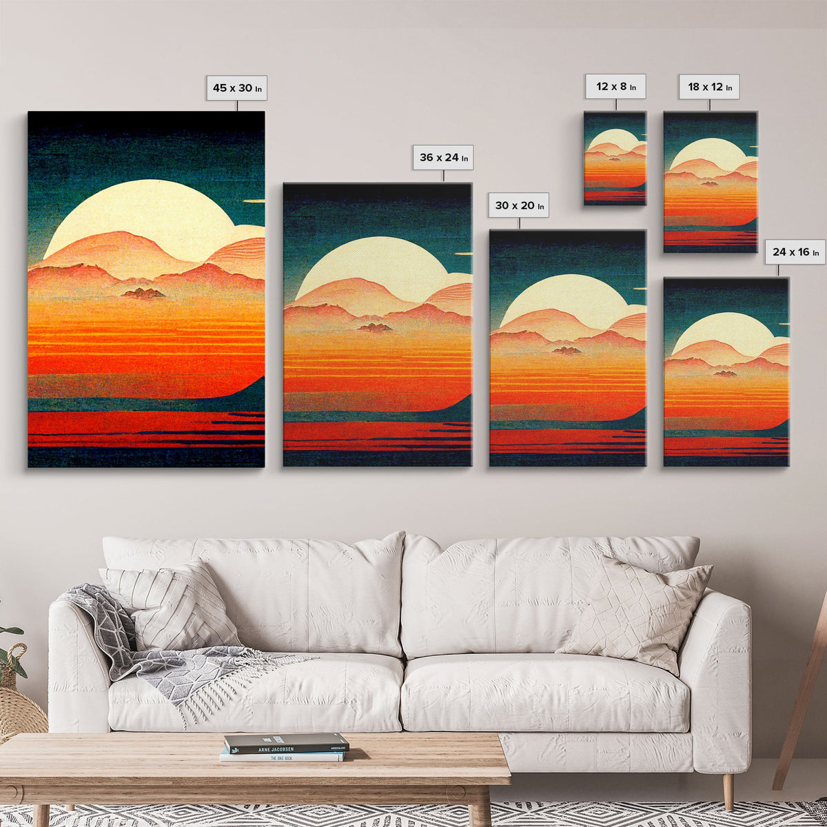 Retro Japanese Style Sunset Art, 3 Piece Wall Art, Canvas Print