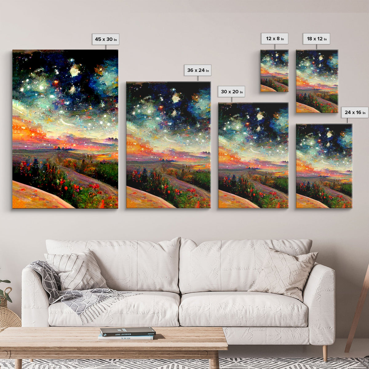 Night Starry Sky Landscape, 3 Piece Wall Art, Ready To Hang Canvas Print