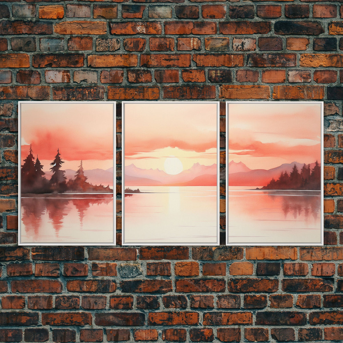 Beautiful Red Lake Sunset 3 Piece Framed Canvas Print Set