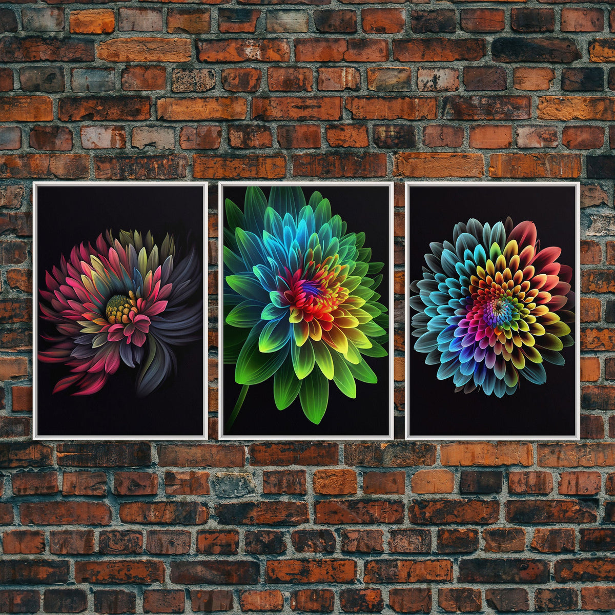 Triptych 3 Panel Wall Art - Framed Canvas Prints - Retro Style Flower Paintings
