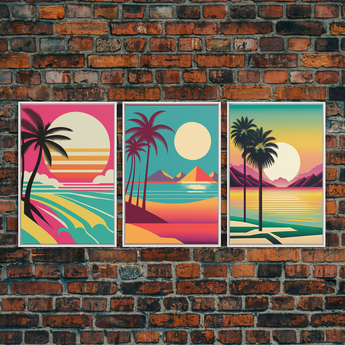 Beautiful Turquoise Retro Style Beach Art, Triptych 3 Panel Framed Canvas Prints
