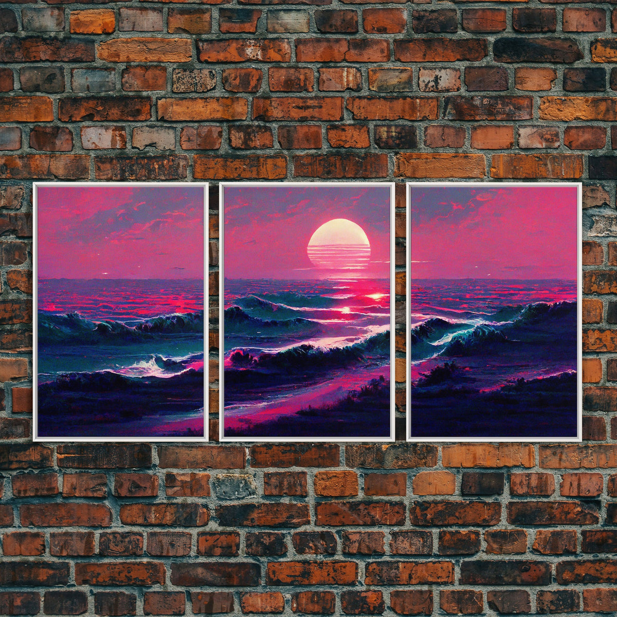 Outrun Style Synthwave Sunset Ocean Waves, 3 Piece Canvas Print