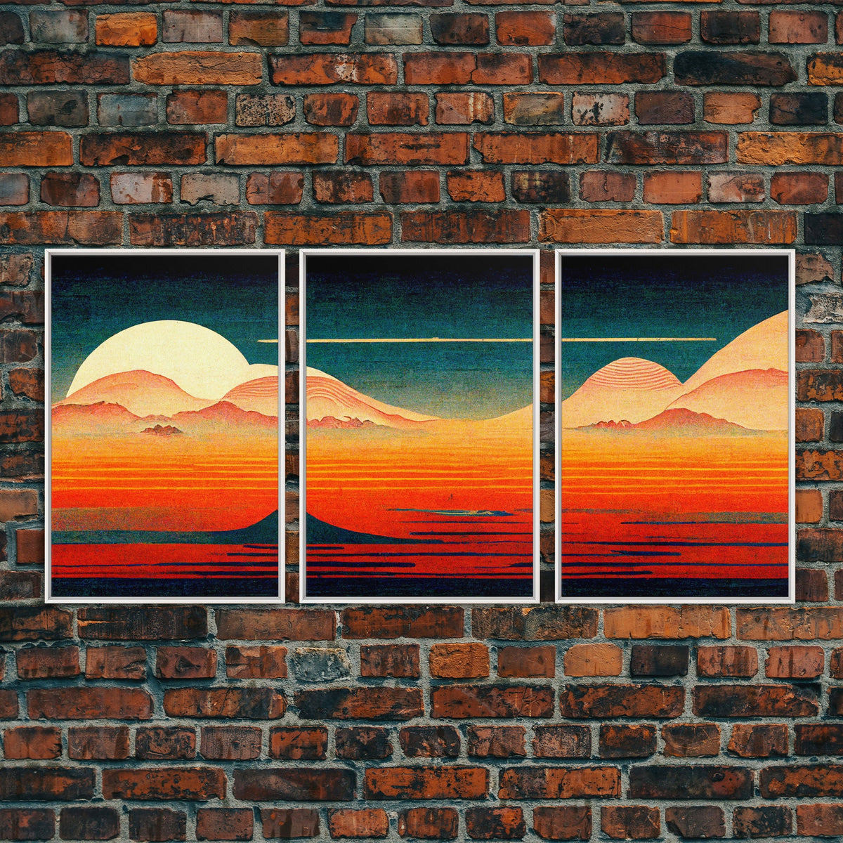 Retro Japanese Style Sunset Art, 3 Piece Wall Art, Canvas Print