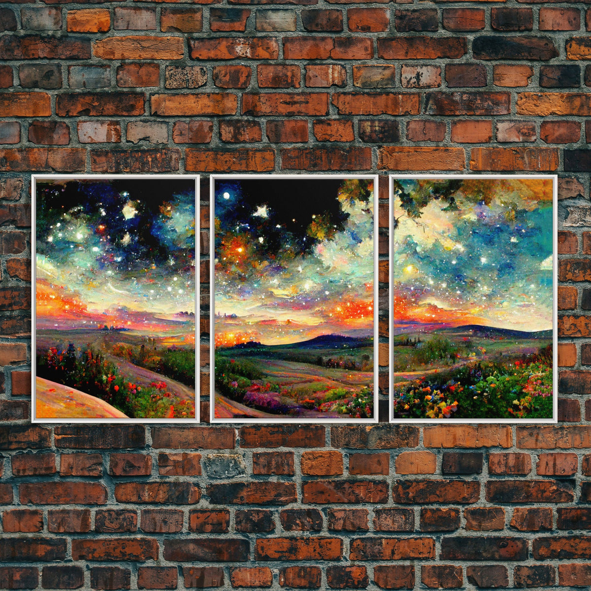 Night Starry Sky Landscape, 3 Piece Wall Art, Ready To Hang Canvas Print