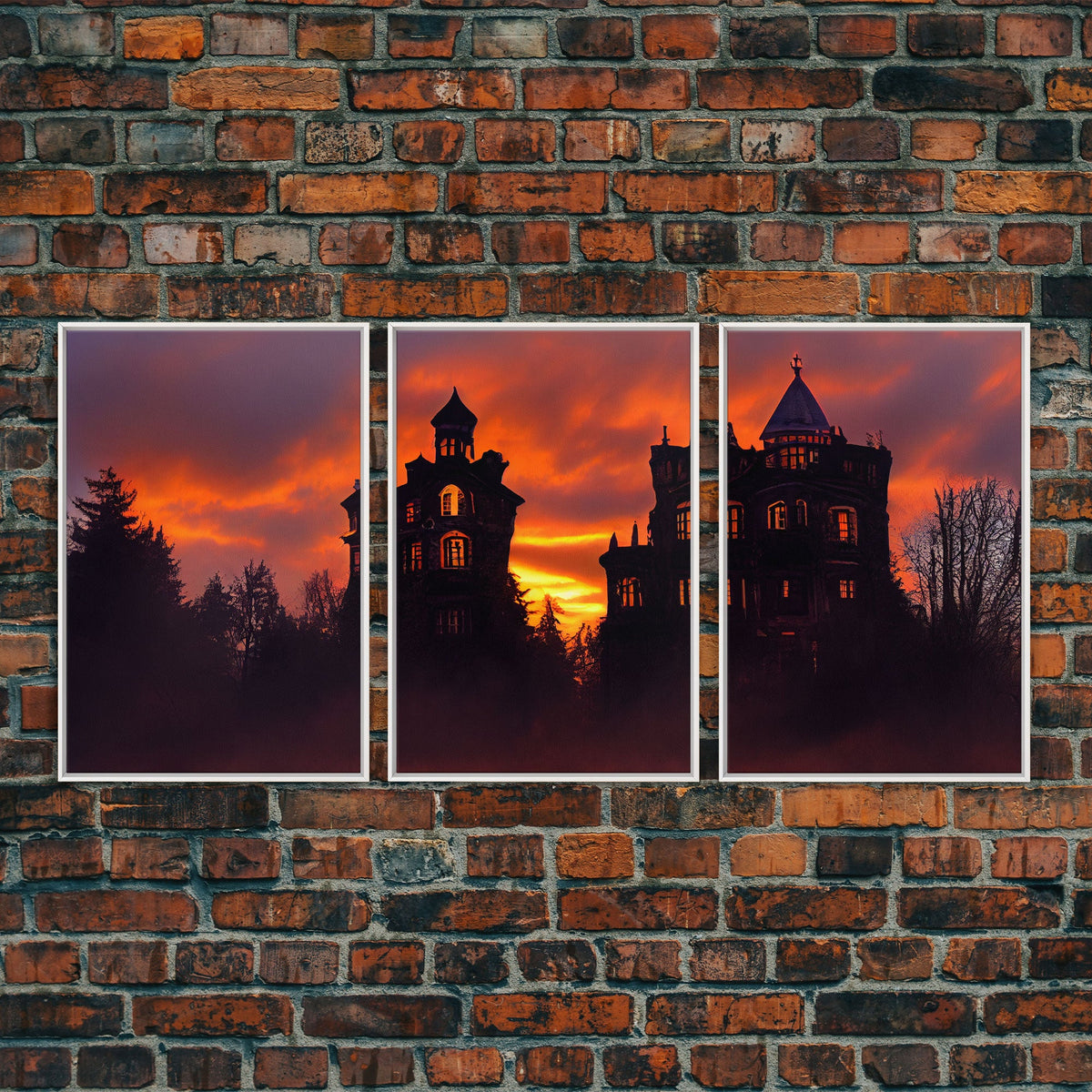 3 Piece Canvas Wall Decor, Victorian Style Haunted House