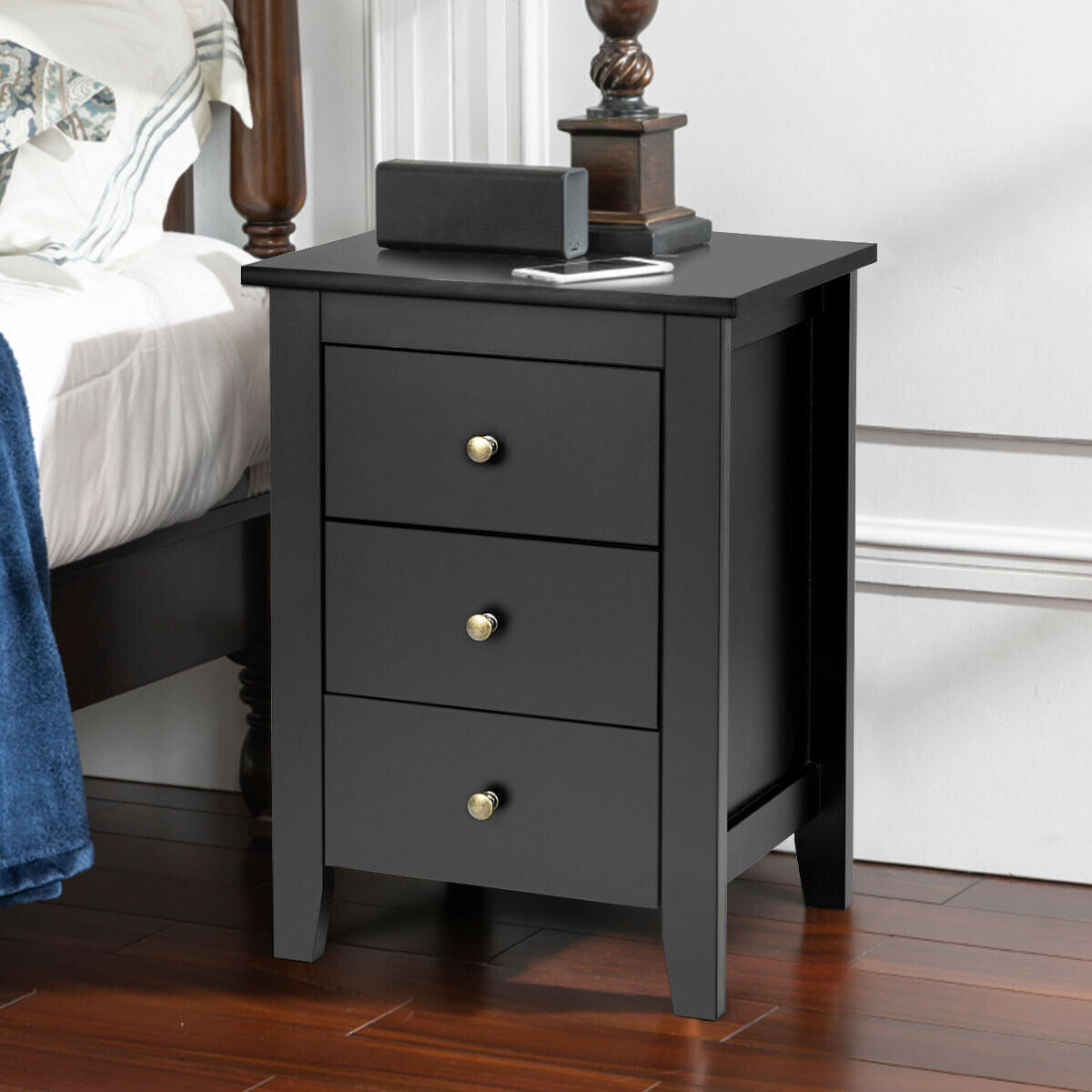 Nightstand End Beside Table Drawers -Black