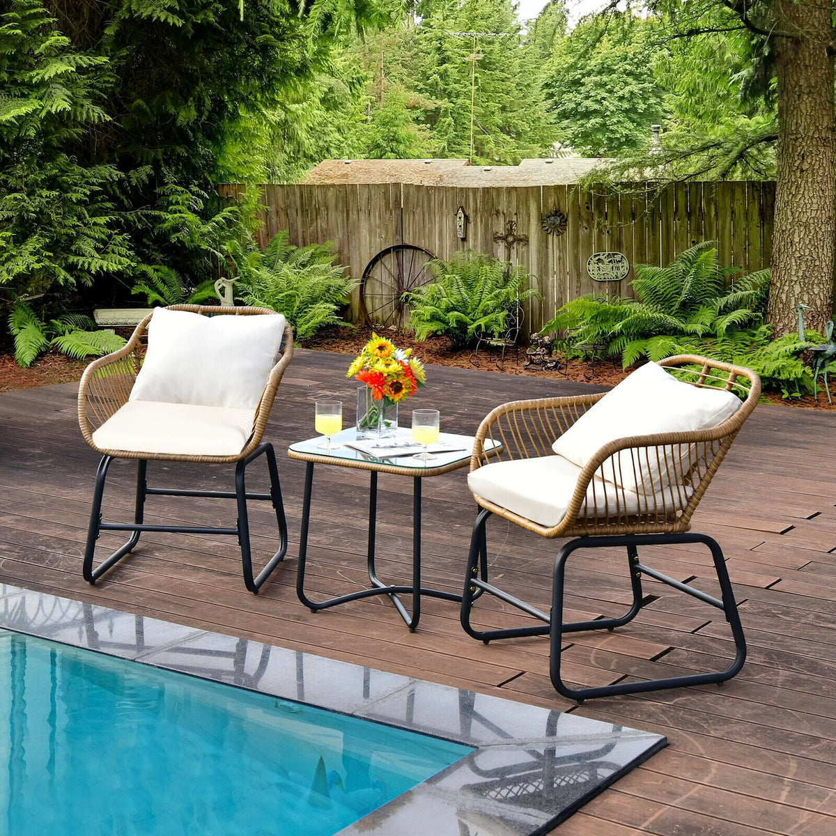 3-Piece Patio Bistro Set with 2 Rattan Chairs and Coffee Table - White