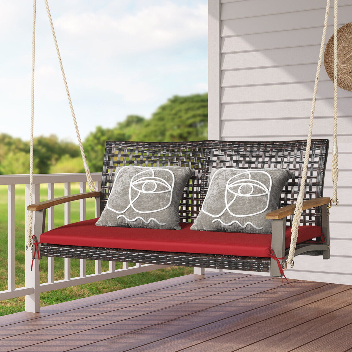 2-Person Rattan Hanging Porch Swing Chair - Red