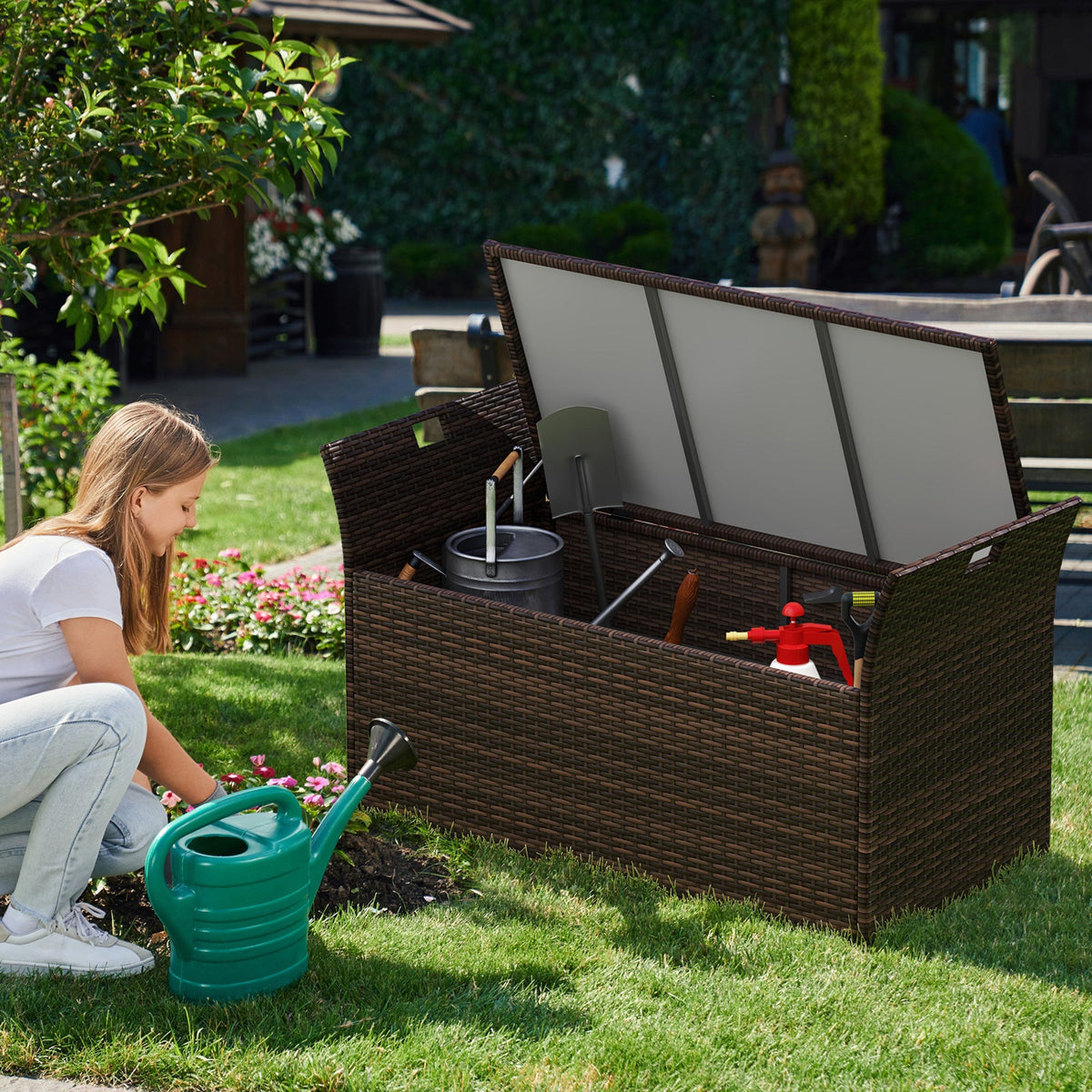 Outdoor Bench with Hand-woven PE Rattan Wicker - Gray