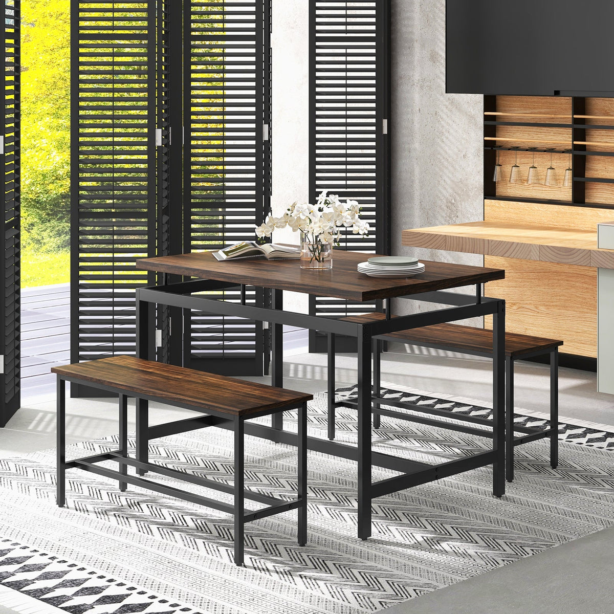 3 Pieces Dining Table Set - Brown