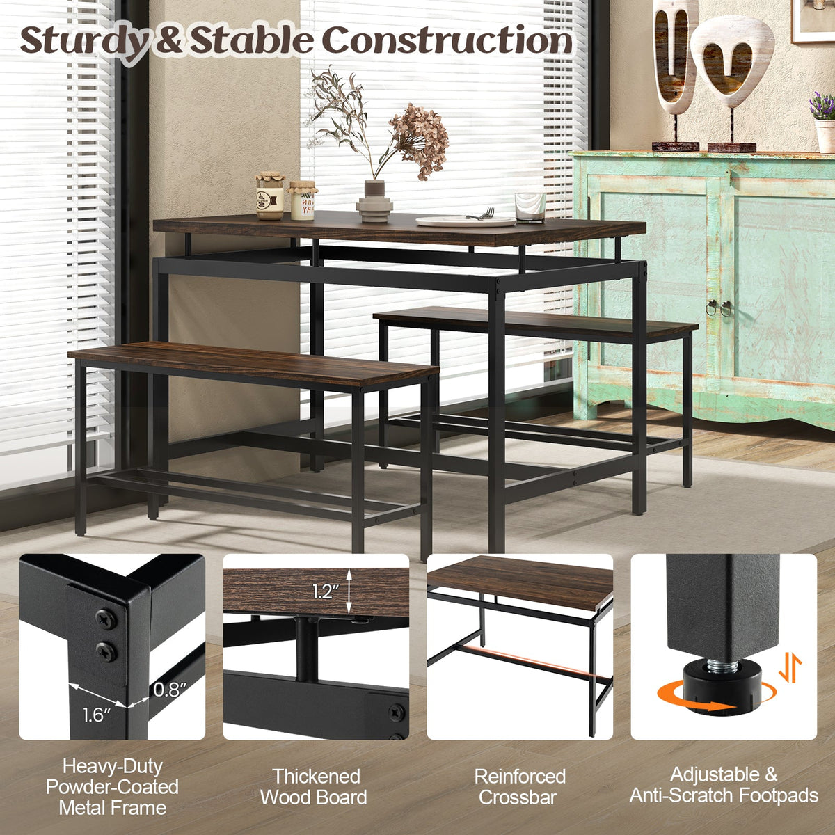 3 Pieces Dining Table Set - Brown