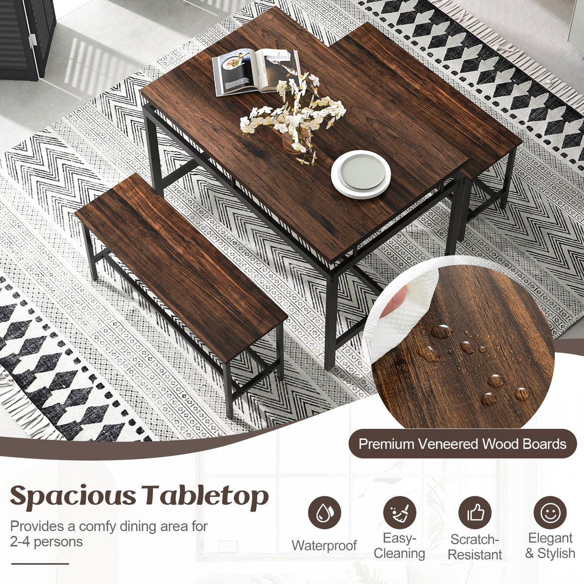 3 Pieces Dining Table Set - Brown