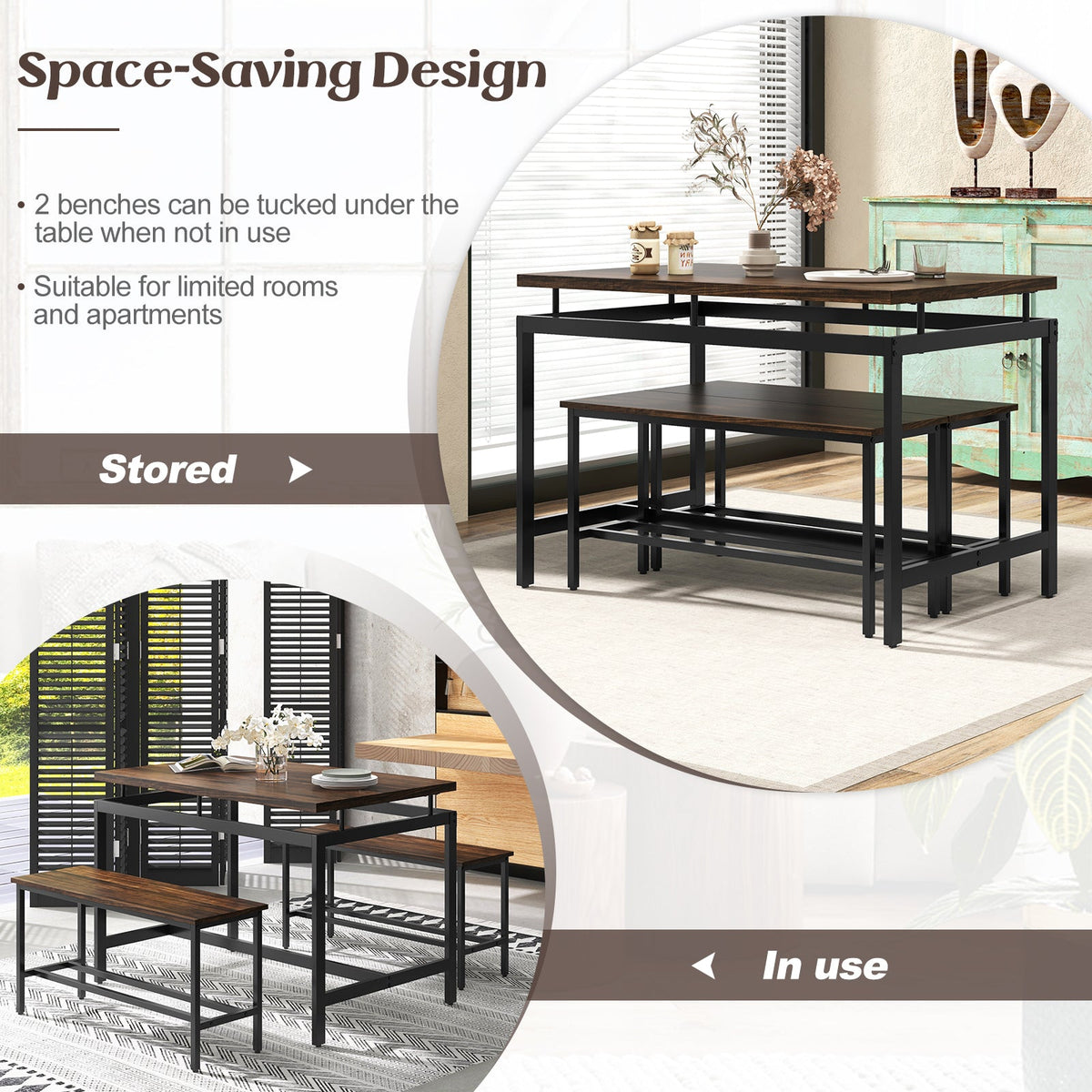 3 Pieces Dining Table Set - Brown