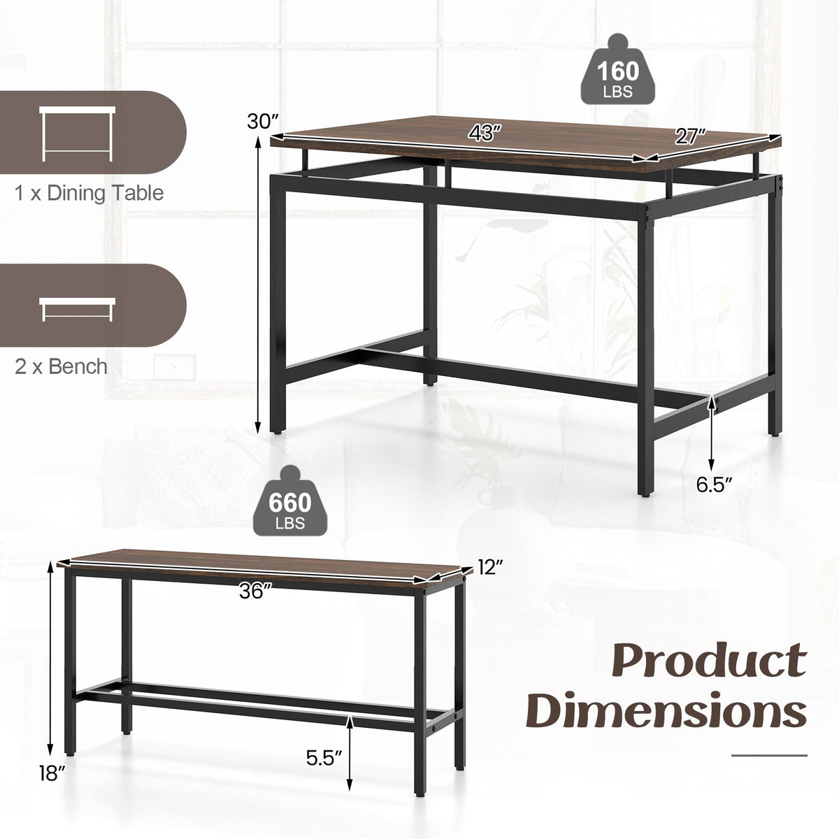 3 Pieces Dining Table Set - Brown