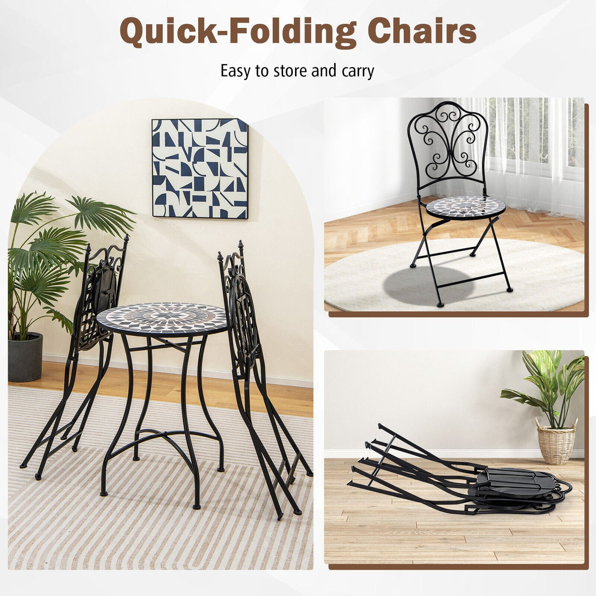 3 Piece Patio Bistro Set with Round Table and 2 Folding Chairs