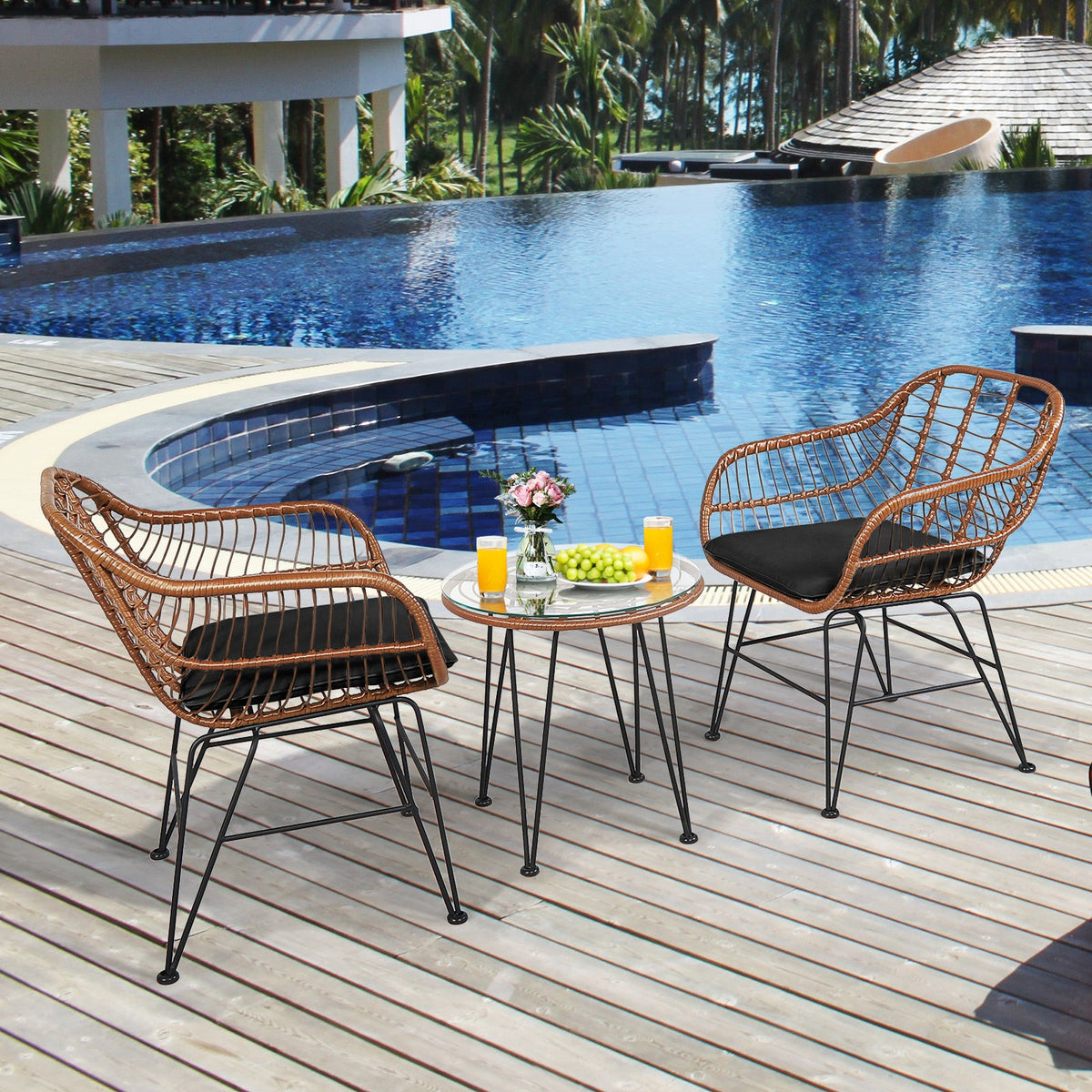 3 Pieces Patio Rattan Bistro Set with Cushion - Black