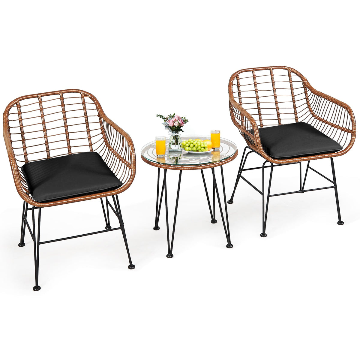 3 Pieces Patio Rattan Bistro Set with Cushion - Black