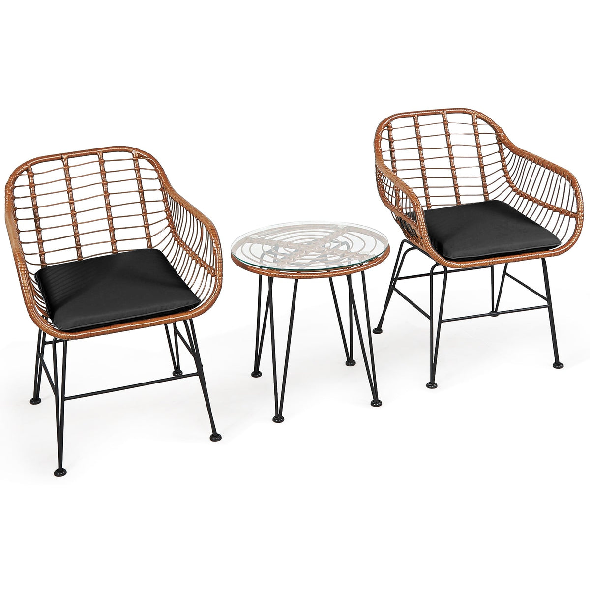 3 Pieces Patio Rattan Bistro Set with Cushion - Black