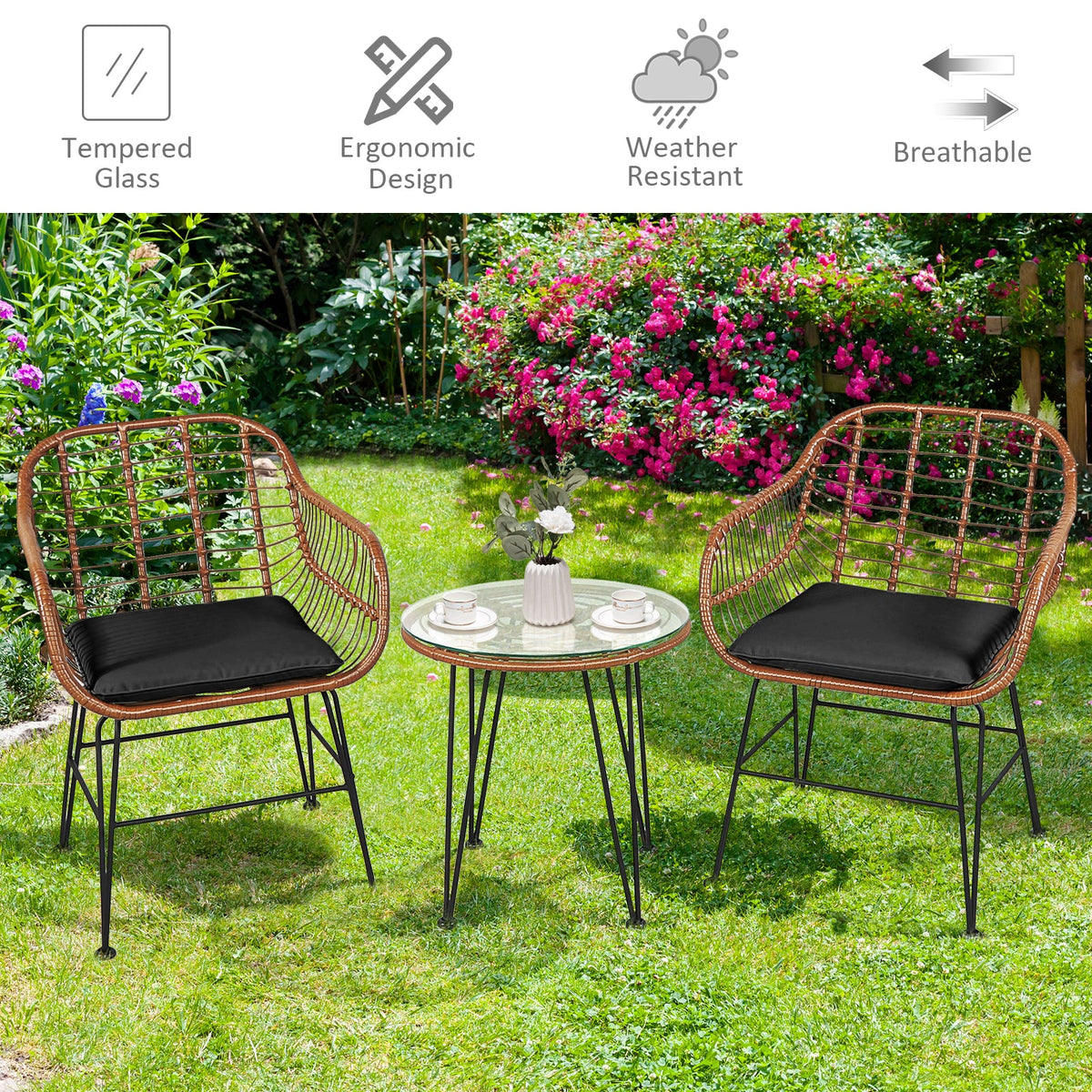 3 Pieces Patio Rattan Bistro Set with Cushion - Black