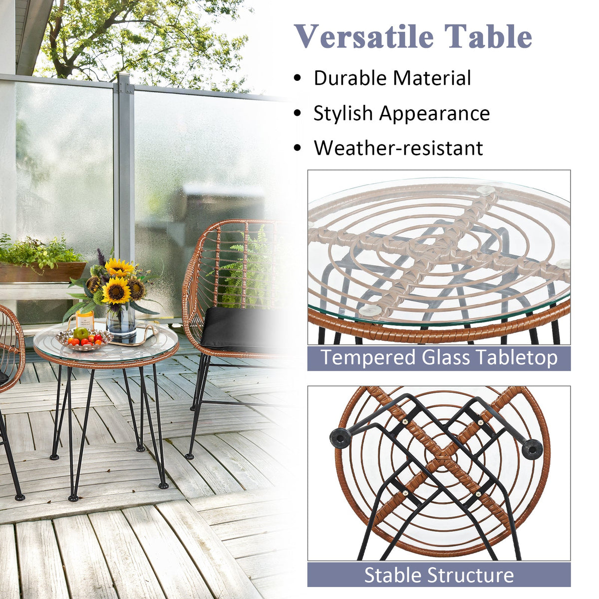 3 Pieces Patio Rattan Bistro Set with Cushion - Black