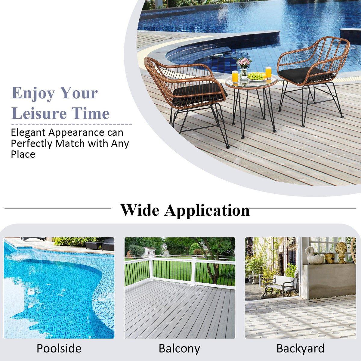 3 Pieces Patio Rattan Bistro Set with Cushion - Black