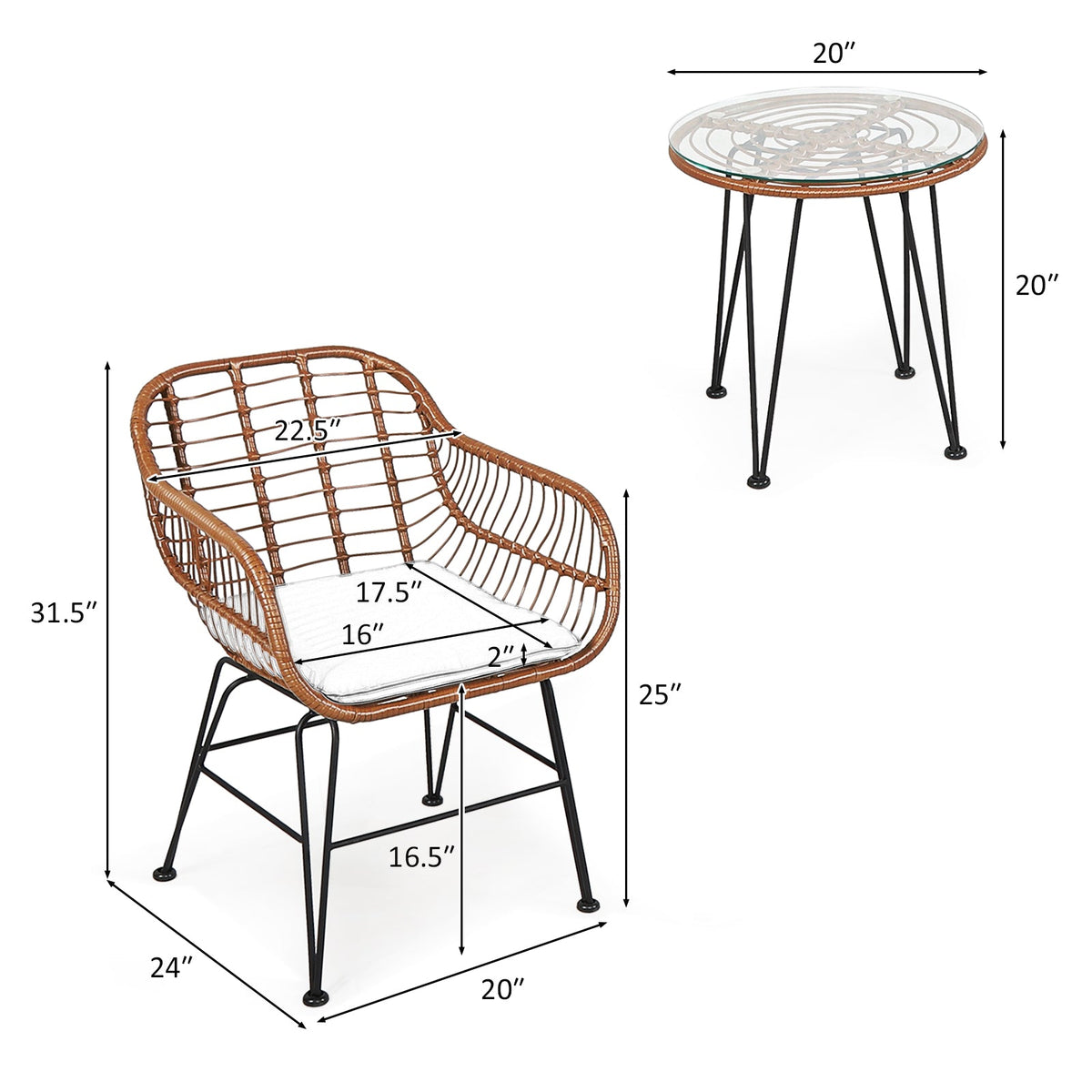 3 Pieces Patio Rattan Bistro Set with Cushion - Black