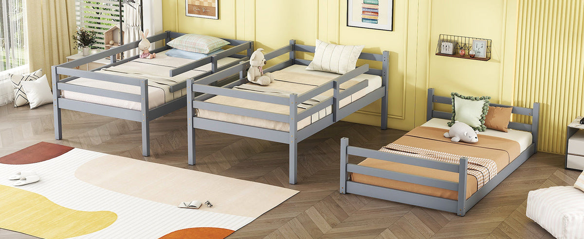 Triple Rubber Wood Bunk Bed with Two Built-in Ladders, Guardrails, Detachable Triple Twin Bunk Bed, Grey
