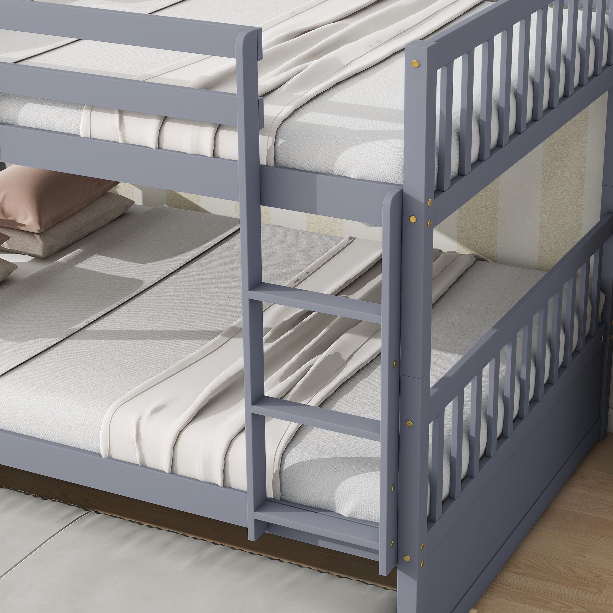 Rubber Wood Bunk Bed with Trundle, Ladder and Guardrails, Convertible to 2 Full Size Beds, Grey