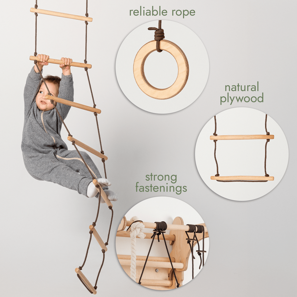 3-in-1 Swing & Climbing Set: Rope Ladder, Gym Rings & Disc Swing