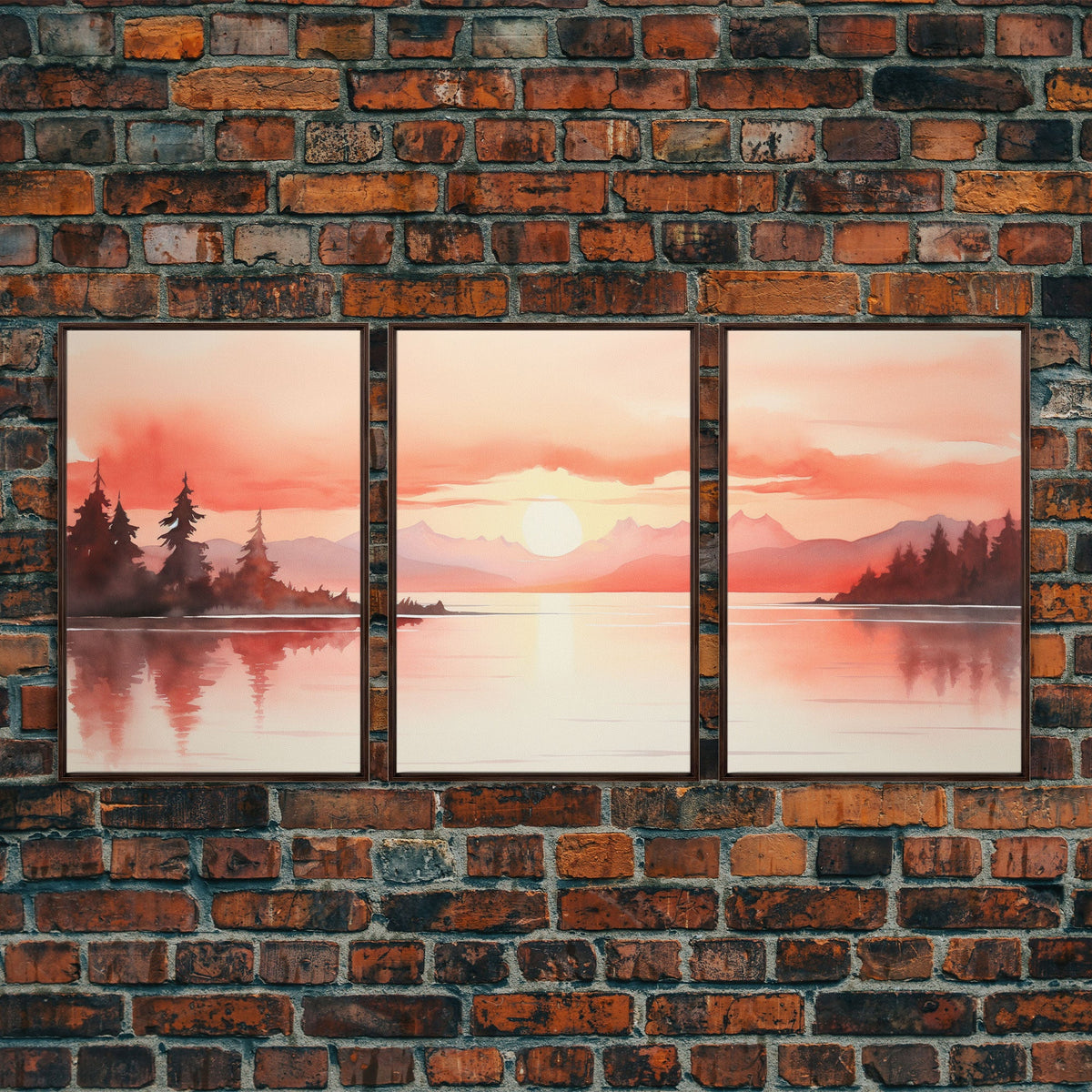 Beautiful Red Lake Sunset 3 Piece Framed Canvas Print Set