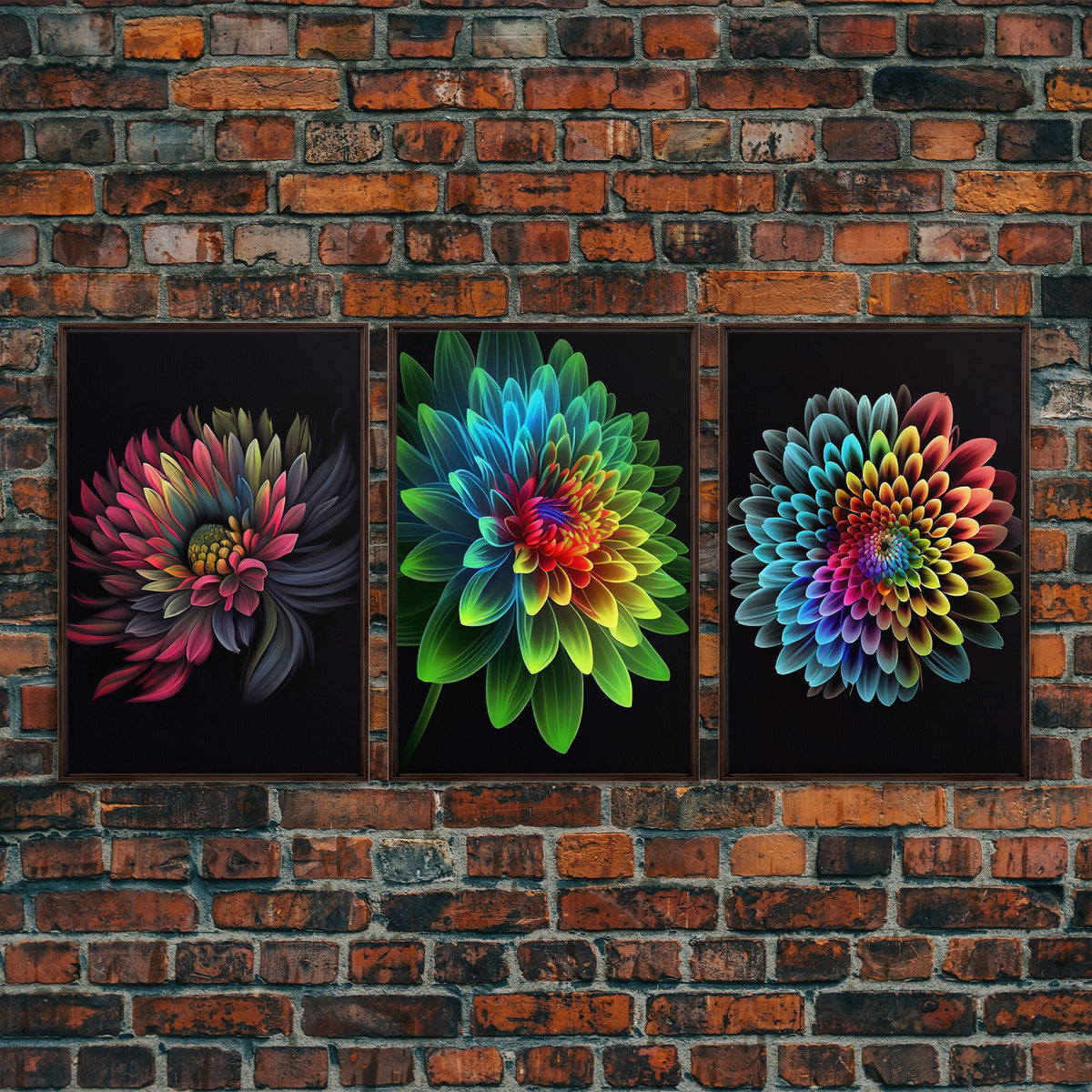 Triptych 3 Panel Wall Art - Framed Canvas Prints - Retro Style Flower Paintings