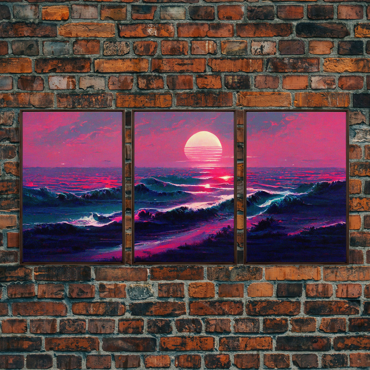 Outrun Style Synthwave Sunset Ocean Waves, 3 Piece Canvas Print