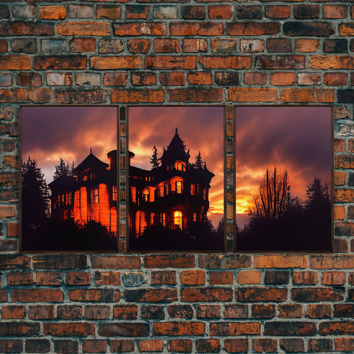 3 Piece Canvas Wall Decor, Victorian Style Haunted House