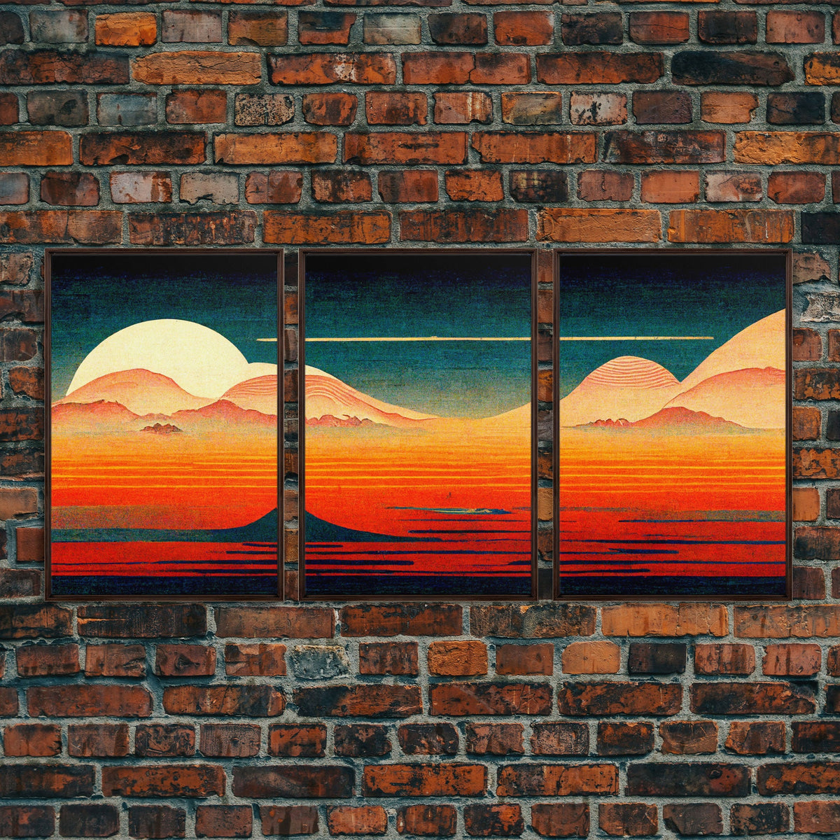 Retro Japanese Style Sunset Art, 3 Piece Wall Art, Canvas Print