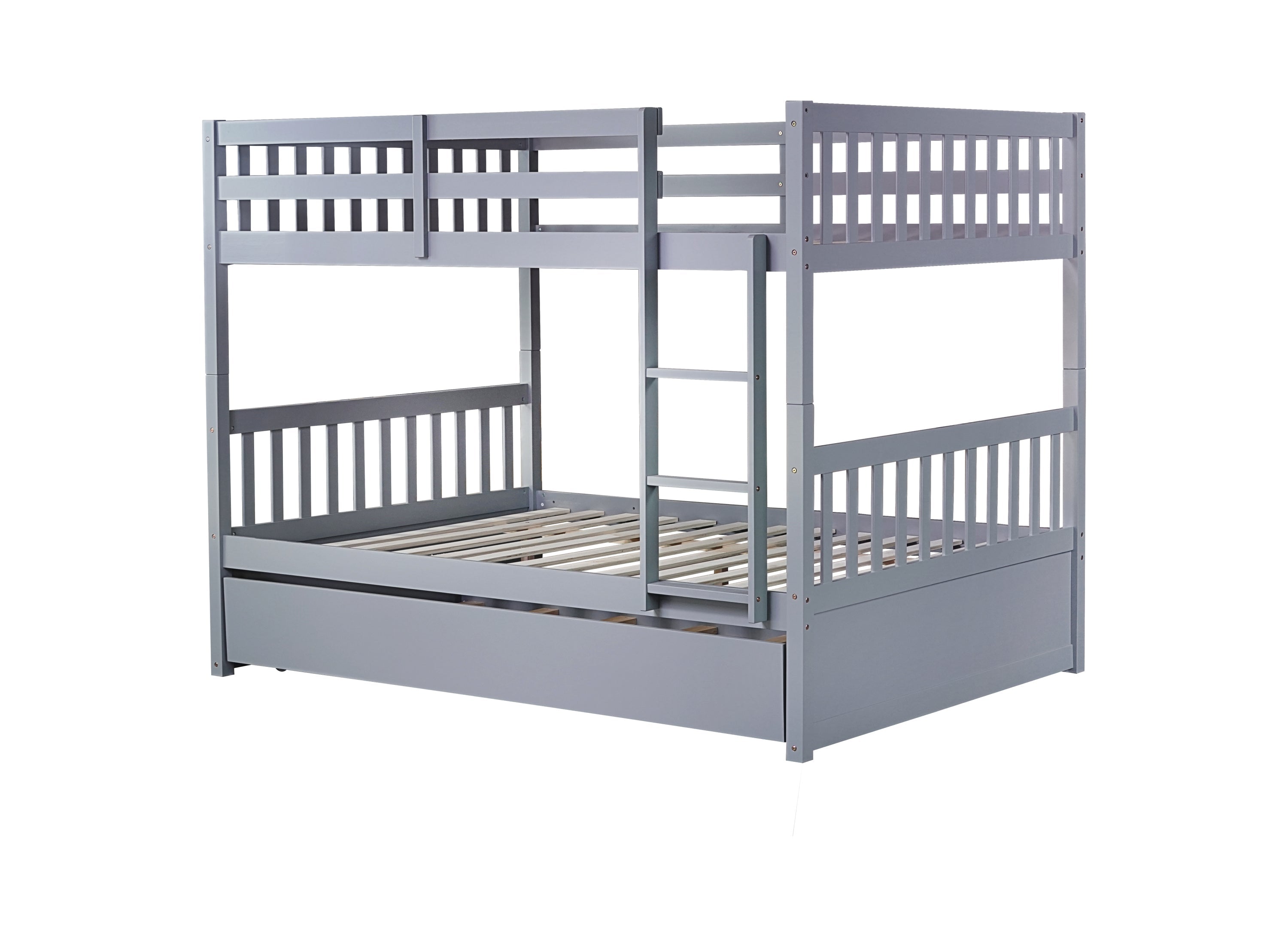 Rubber Wood Bunk Bed with Trundle, Ladder and Guardrails, Convertible to 2 Full Size Beds, Grey