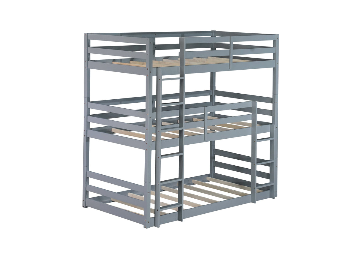 Triple Rubber Wood Bunk Bed with Two Built-in Ladders, Guardrails, Detachable Triple Twin Bunk Bed, Grey