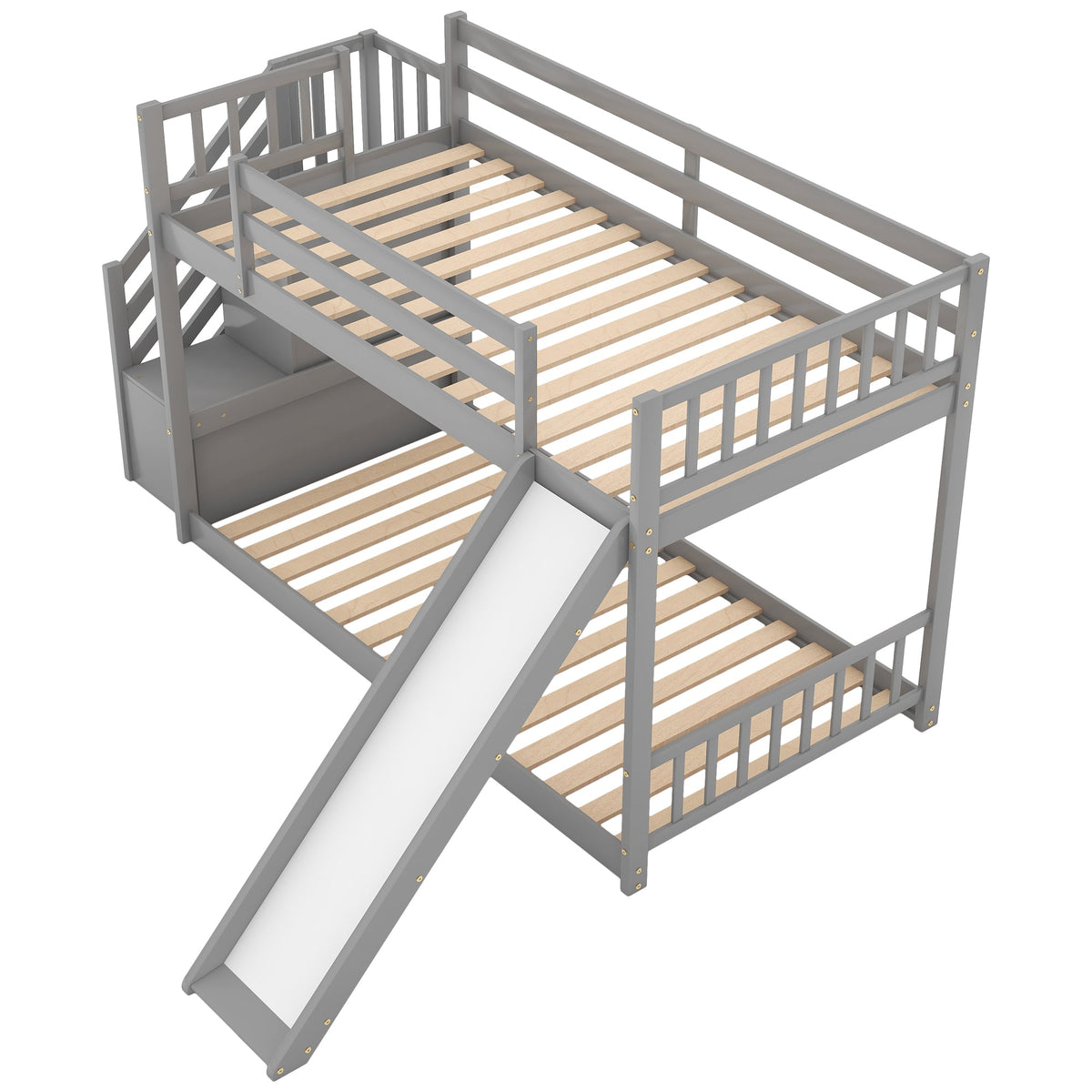 Twin-Over-Twin Bunk Bed with Convertible Slide and Stairway, Gray
