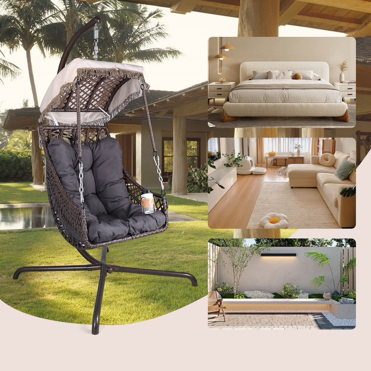 Swing Egg Chair with Stand, Rattan Frame, Hammock Chair