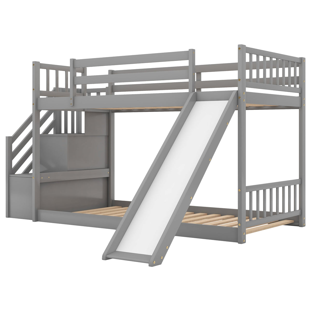 Twin-Over-Twin Bunk Bed with Convertible Slide and Stairway, Gray