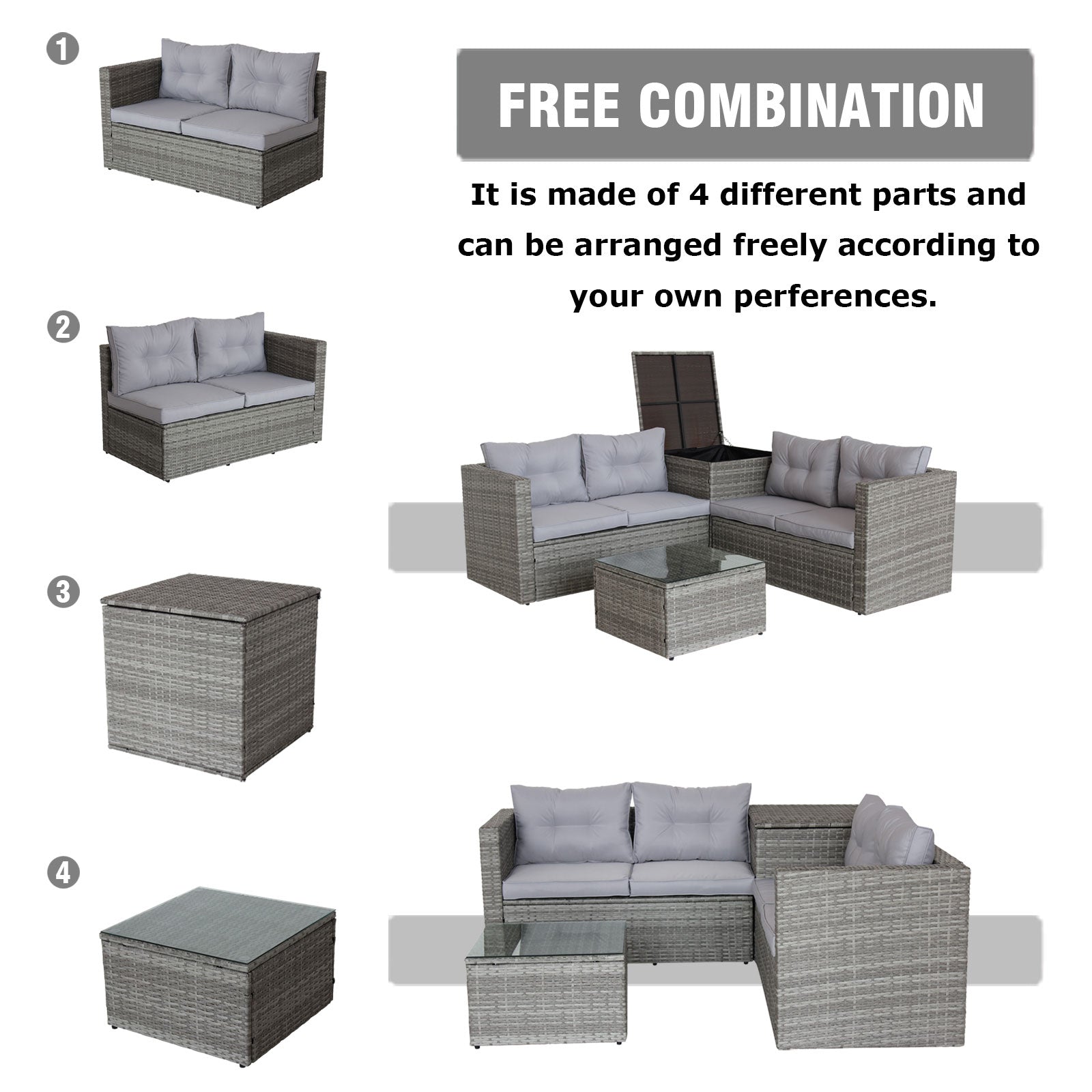 4 Piece Patio Sectional Sofa Set with Storage Box - Grey