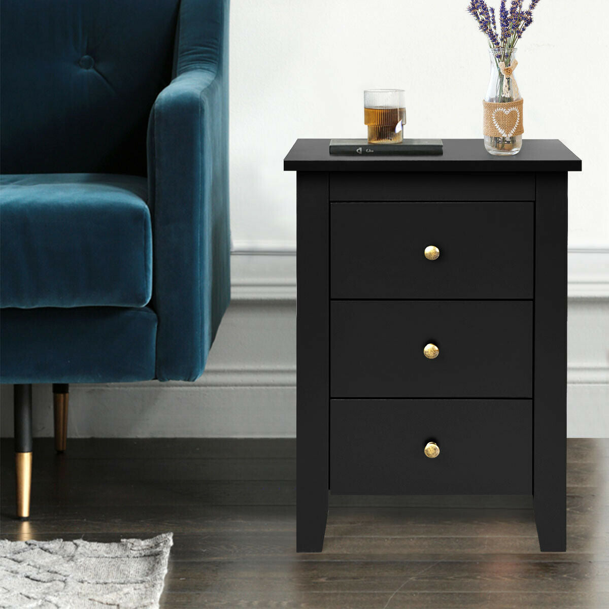 Nightstand End Beside Table Drawers -Black