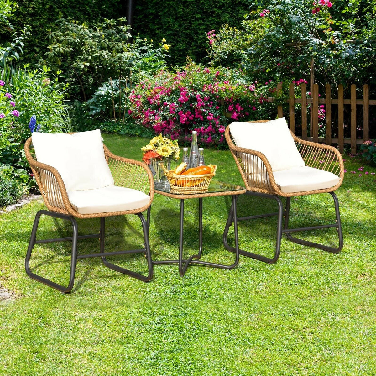 3-Piece Patio Bistro Set with 2 Rattan Chairs and Coffee Table - White