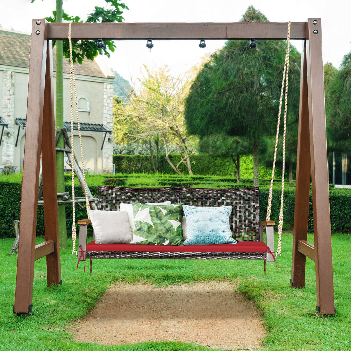 2-Person Rattan Hanging Porch Swing Chair - Red