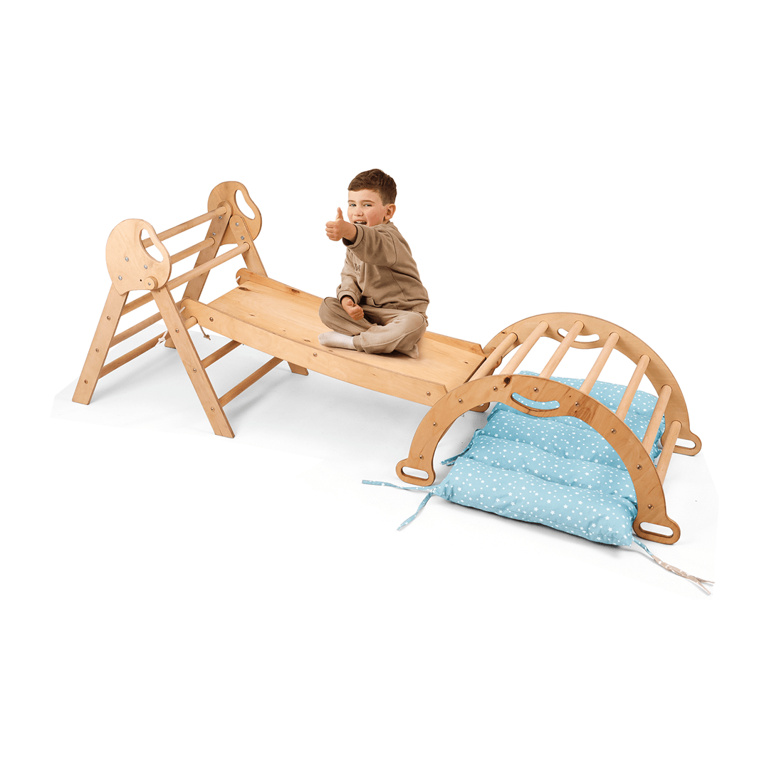 4-in-1 Montessori Climbing Set: Pikler Triangle, Arch, Slide Board, and Cushion for Toddlers (1–3 Years)