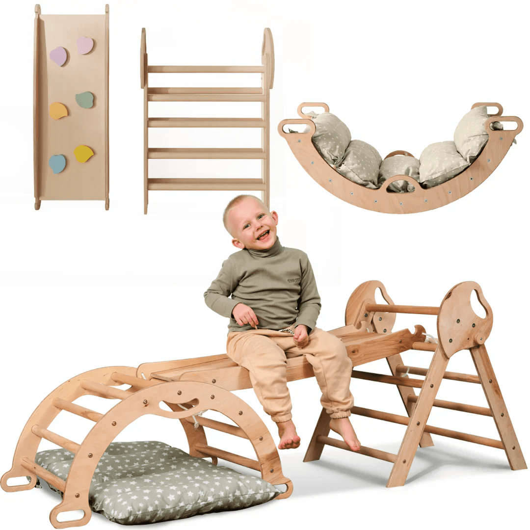 4-in-1 Montessori Climbing Set: Pikler Triangle, Arch, Slide Board, and Cushion for Toddlers (1–3 Years)