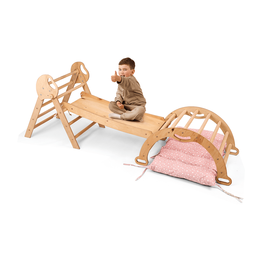 4-in-1 Montessori Climbing Set: Pikler Triangle, Arch, Slide Board, and Cushion for Toddlers (1–3 Years)