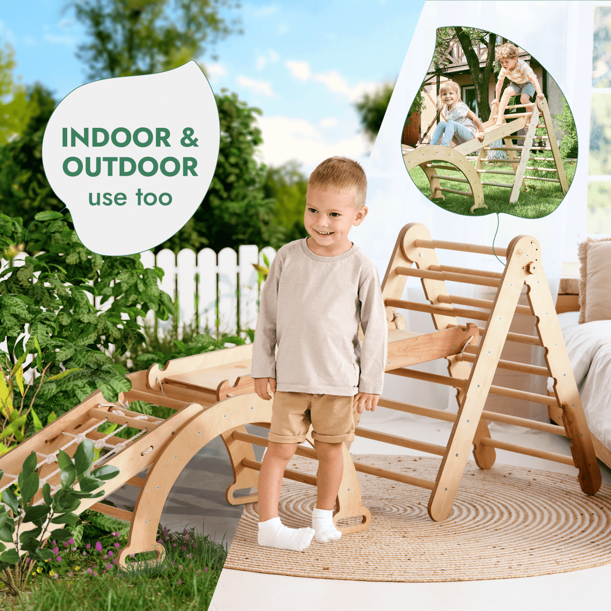 4-in-1 Montessori Climbing Set: Triangle Ladder + Climbing Arch + Slide Board + Net – Beige