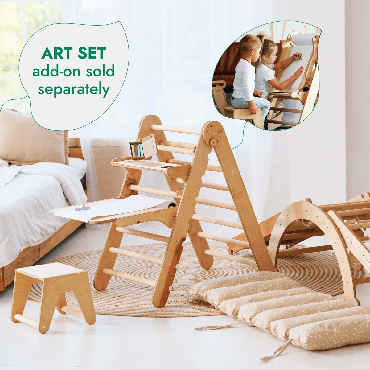 4-in-1 Montessori Climbing Set: Triangle Ladder + Climbing Arch + Slide Board + Net – Beige