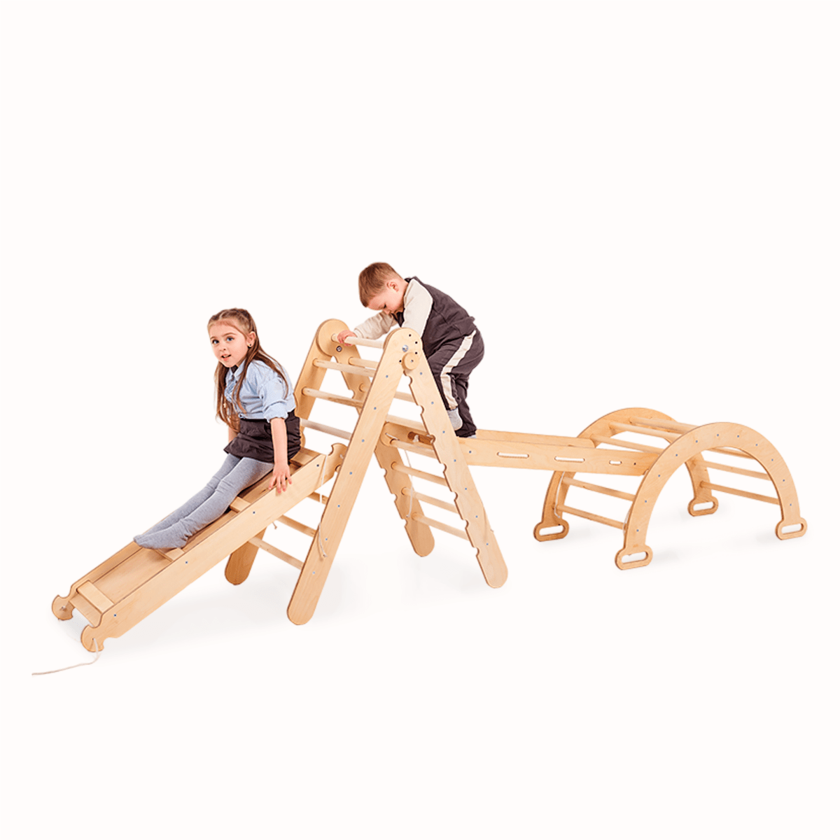 4-in-1 Montessori Climbing Set: Triangle Ladder + Climbing Arch + Slide Board + Net – Beige